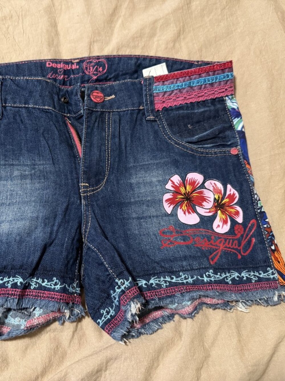 Desigual Girls Denim Embroidered shorts size 13/14